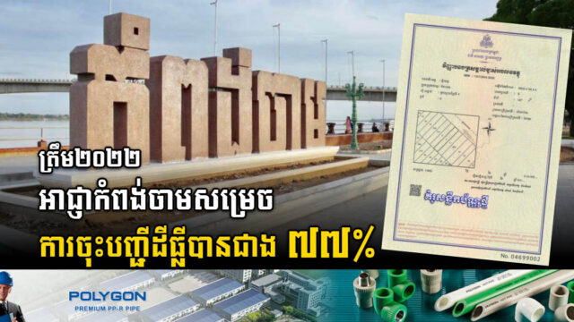 ត្រឹមឆ្នាំ២០២២ អាជ្ញាកំពង់ចាមសម្រេចការចុះបញ្ជីដីធ្លីបានជាង ៧១ម៉ឺនក្បាលដី ស្មើនឹង ៧៧%