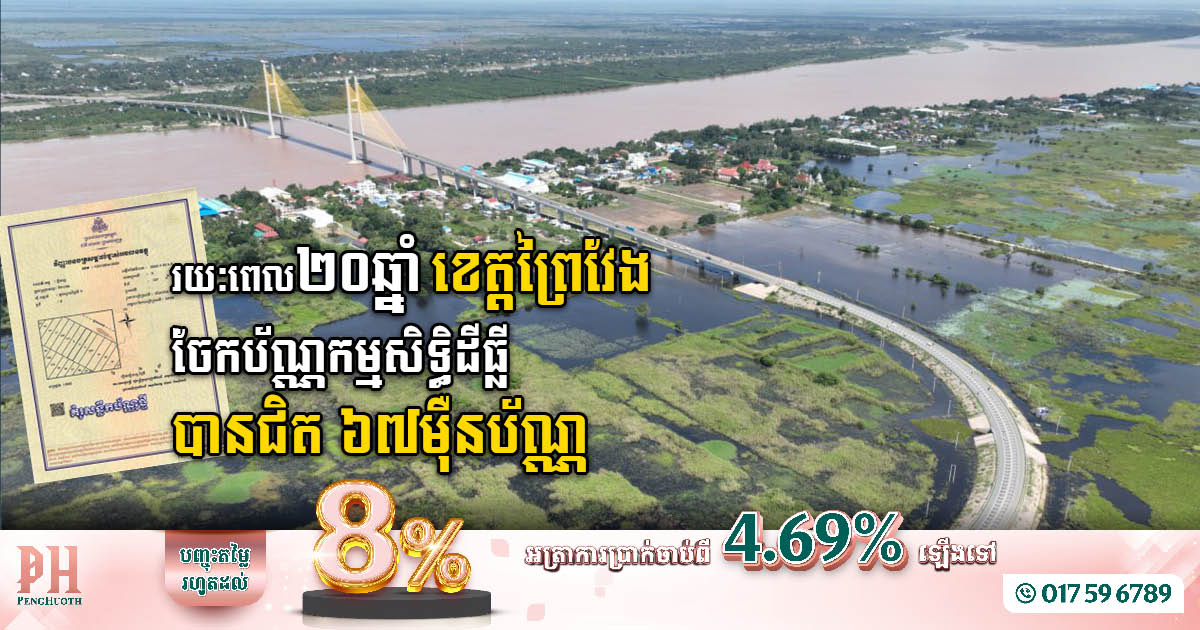 រយៈពេល២០ឆ្នាំ អាជ្ញាធរខេត្តព្រៃវែង ចែកប័ណ្ណកម្មសិទ្ធិដីធ្លីជូនពលរដ្ឋបានជិត ៦៧ម៉ឺនប័ណ្ណ