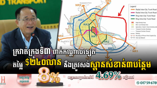 កន្លះរង្វង់ផ្លូវក្រវាត់ក្រុងទី៣-ប៉ែកខាងកើត មានតម្លៃ ២៤០លានដុល្លារ និងត្រូវសង់ស្ពានសំខាន់ៗ៣បន្ថែម