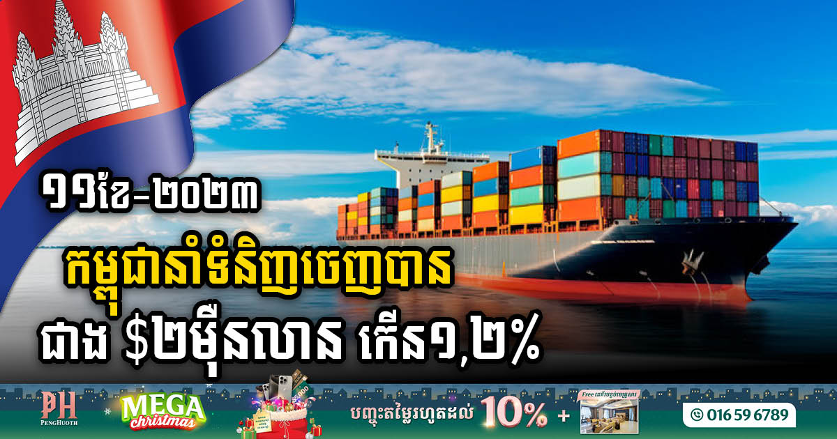 ១១ខែ ឆ្នាំ២០២៣ កម្ពុជានាំទំនិញចេញបានចំនួនជាង ២ម៉ឺនលានដុល្លារ កើនឡើង ១,២%