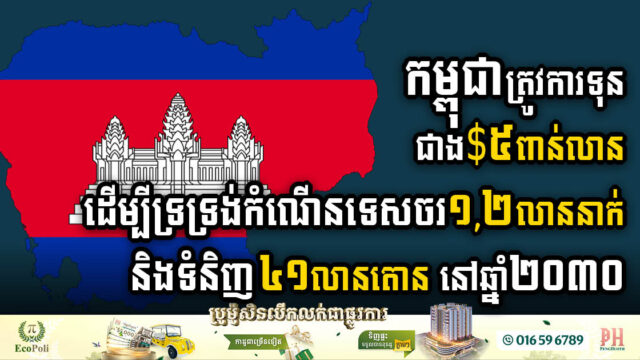 កម្ពុជាត្រូវការទុនជាង$៥ពាន់លាន វិនិយោគលើគម្រោងចំនួន២០ ដើម្បីទ្រទ្រង់កំណើនទេសចរ១,២លាន់នាក់ និងទំនិញ៤១លានតោន នៅឆ្នាំ ២០៣០