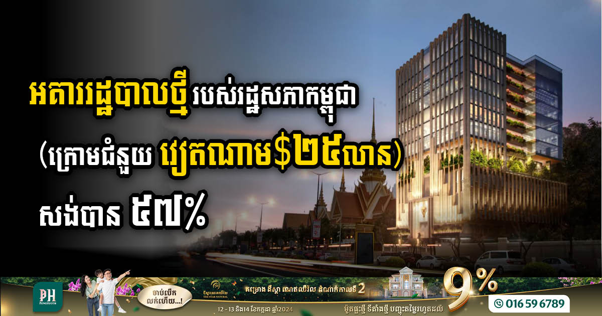 អគាររដ្ឋបាលថ្មីរបស់រដ្ឋសភាកម្ពុជា (ក្រោមជំនួយវៀតណាម $២៥លាន) សង់បាន ៥៧%