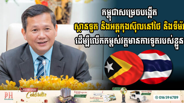 កម្ពុជាសម្រេចបង្កើតស្ថានទូត និងអគ្គកុងស៊ុលនៅថៃ និងទីម័រ ដើម្បីលើក​កម្ពស់​វត្តមាន​ការទូត​របស់​ខ្លួន