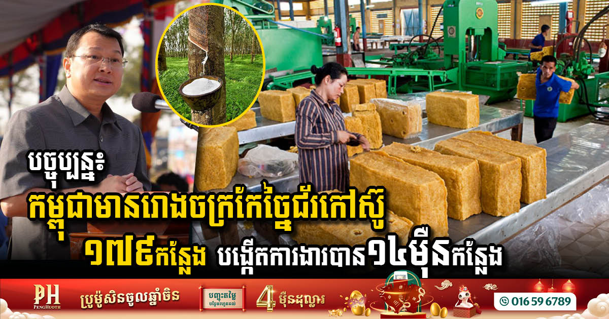 បច្ចុប្បន្ន៖ កម្ពុជាមានរោងចក្រ និងសិប្បកម្មកែច្នៃជ័រកៅស៊ូ ១៧៩កន្លែង បង្កើតការងារបាន១៤ម៉ឺនកន្លែង