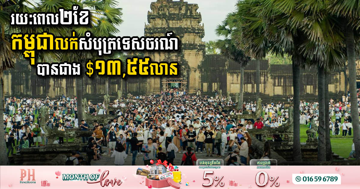 រយៈពេល២ខែ កម្ពុជាលក់សំបុត្រទេសចរណ៍បានជាង ១៣,៥៥លានដុល្លារ