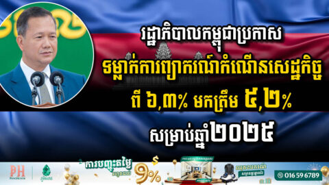 រដ្ឋាភិបាលកម្ពុជាប្រកាសទម្លាក់ការព្យាករណ៍កំណើនសេដ្ឋកិច្ចរបស់ខ្លួនពី ៦,៣% មកត្រឹម ៥,២% សម្រាប់ឆ្នាំ២០២៥